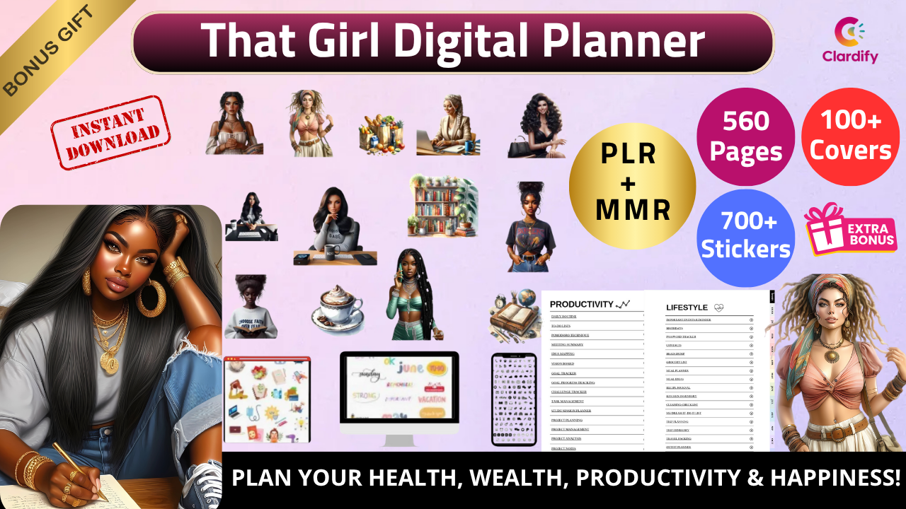 That Girl Digital Planner – 560 Editable Pages, 7000+ Stickers, 100+ Covers | Lifestyle, Productivity & Wellness Planner (PLR + MRR Resell Rights)